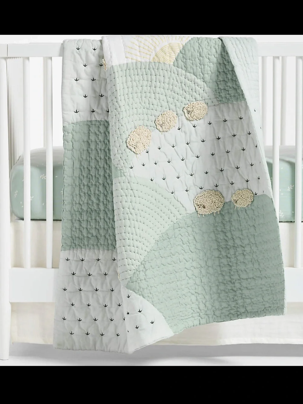 Crate & Barrel Kids Baby Quilted Crib Blanket Sage Counting Sheep